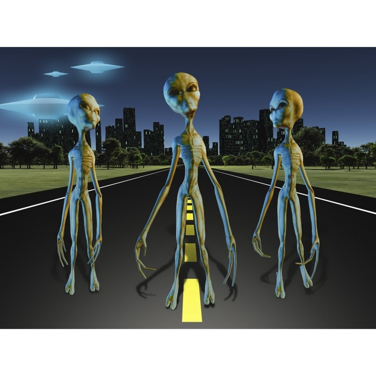 Aliens On Road To City. Ufo Poster Print By Bruce Rolff/Stocktrek Images